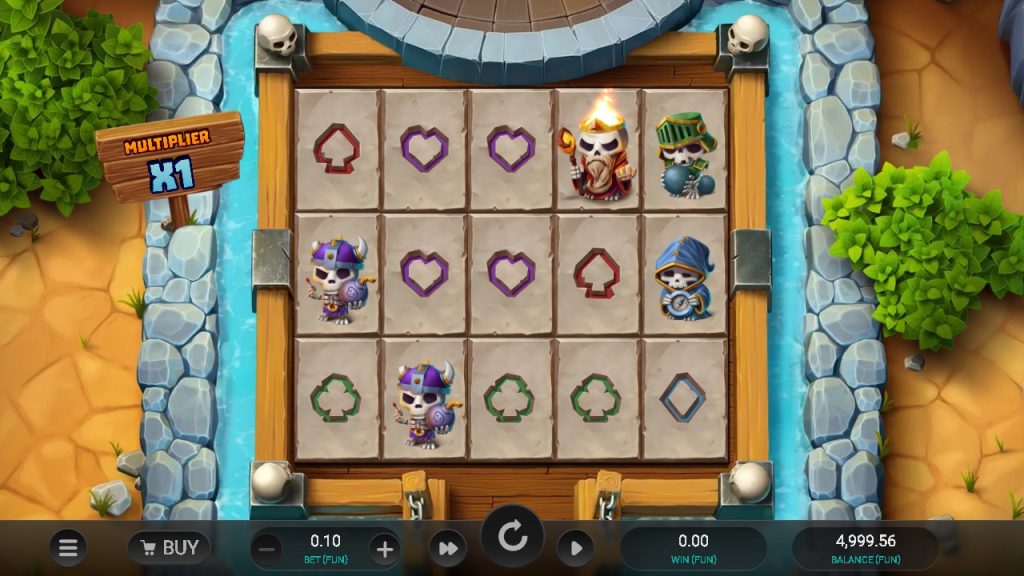 Screenshot of Bone Raiders slot game showing cartoon skeleton characters on a stone reel grid with a fantasy adventure theme