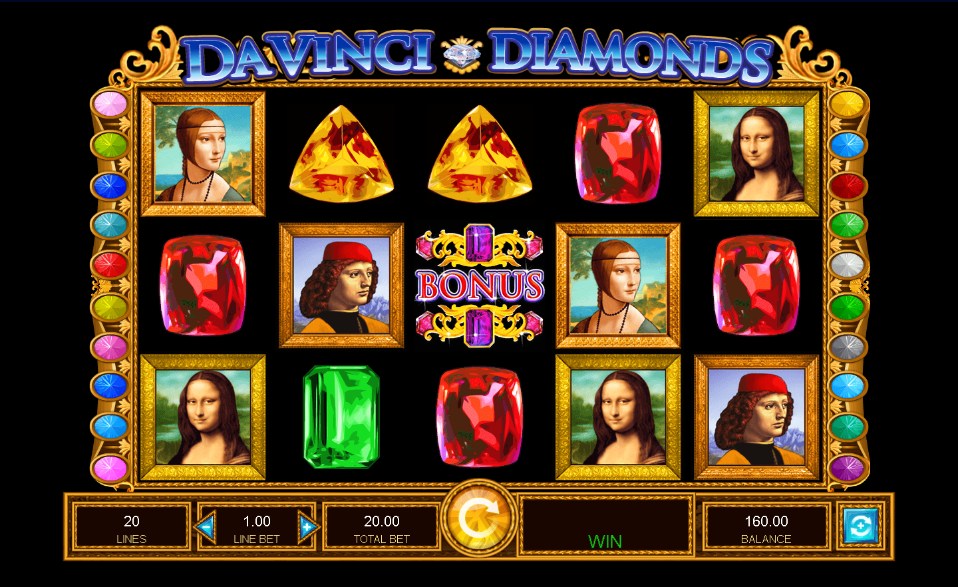 Screenshot of Da Vinci Diamonds slot game showing framed Renaissance portraits and colorful gemstone symbols on the reels
