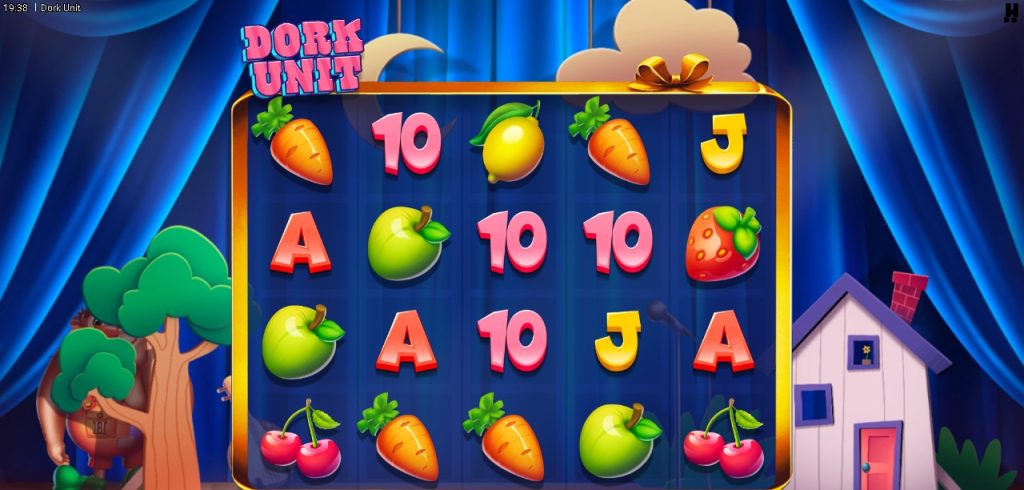 The Dork Unit slot displays its colorful cartoon fruit and letter symbols arranged on a stage-themed reel set, highlighting the playful design of Dork Unit. The bright carrots, apples, cherries, and bold letters reinforce the gameâs whimsical theatrical style.