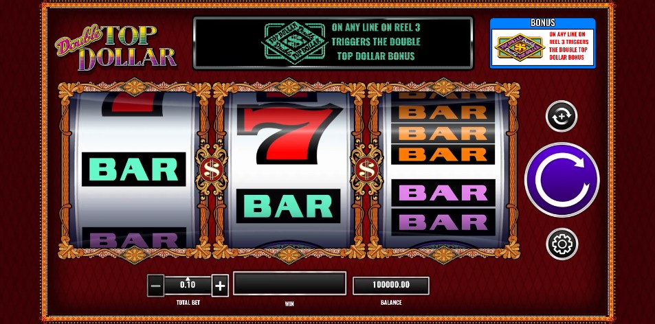 Base gameplay of Double Top Dollar slot showing BAR symbols and a red 7 on the reels with the bonus feature highlighted.