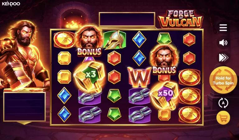 Forge of Vulcan slot game by Kendoo showing fiery reels with bonus symbols, hammers with 3x and 50x multipliers, helmets, shields, and colorful gems inside a glowing forge theme.
