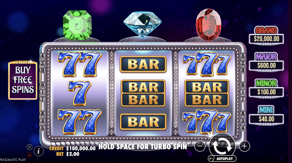 Gem Trio slot machine game screen featuring sparkling red, green, and blue gems above the reels, with symbols including lucky 7s and BARs. The slot shows progressive jackpots with Grand $20,000, Major $600, Minor $100, and Mini $40 prizes, offering a chance to buy free spins and turbo play mode