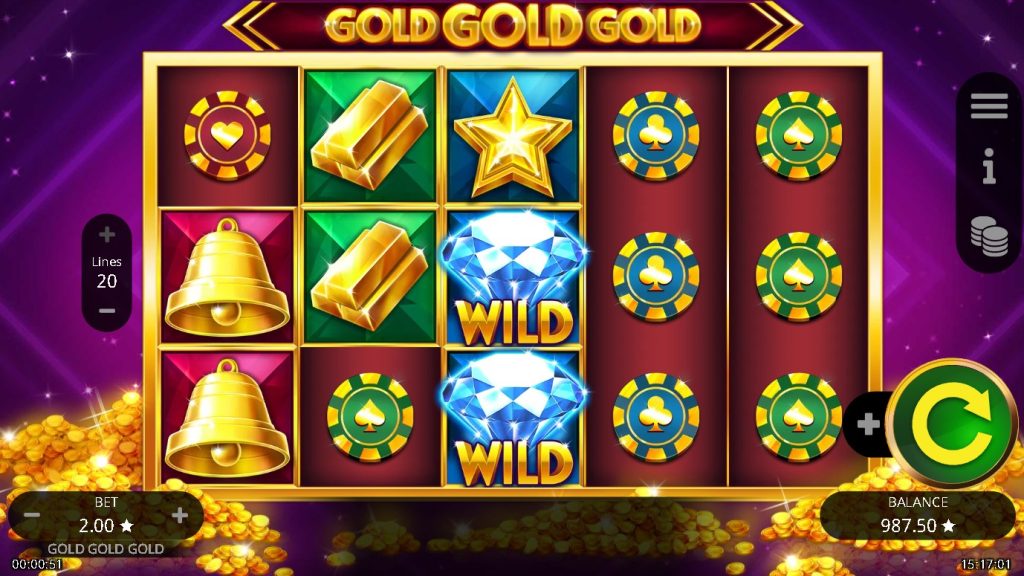 Gold Gold Gold slot machine reels showing diamonds as wild symbols, gold bars, bells, stars, and poker chips on a vibrant purple and gold background.