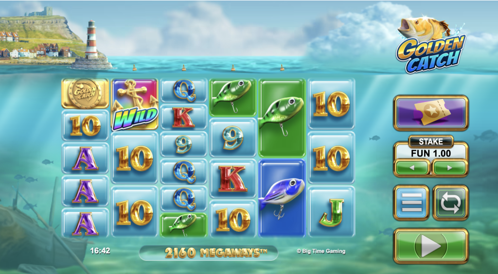Golden Catch Megaways slot game with lighthouse backdrop, colorful fish symbols, wild anchor icon, and cascading reels offering 2160 ways to win.