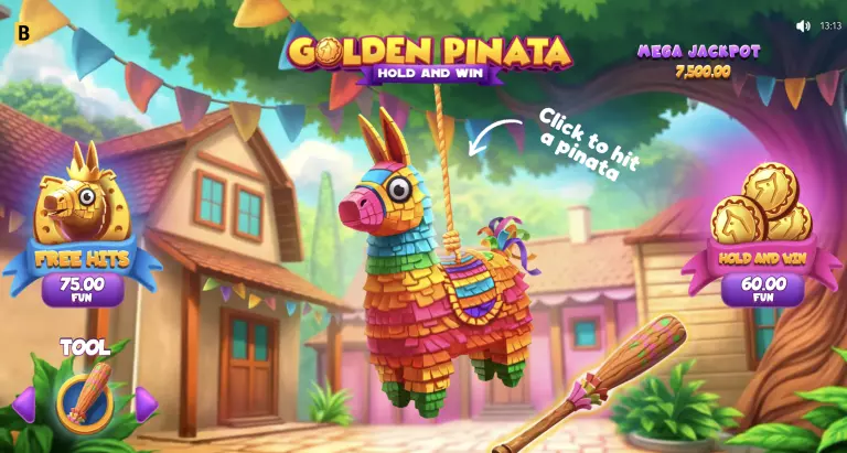 Golden Piñata Hold and Win slot game featuring colorful piñata in village background, free hits bonus, mega jackpot prize, and clickable bat for interactive spins.