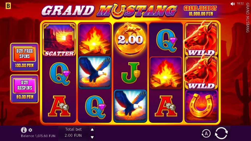 Grand Mustang slot machine with wild horse symbols, fire bonuses, and a western desert background.