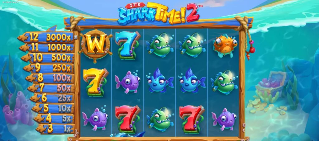 It's Shark Time! 2 slot game featuring colorful cartoon fish, lucky 7 symbols, and an underwater ocean theme with a 3000x paytable