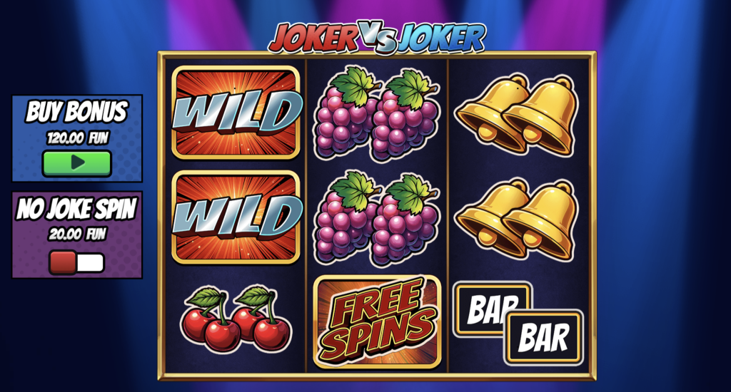 Joker vs Joker slot machine with classic fruit symbols, wild icons, free spins feature, and buy bonus option â vibrant online slot game screen with cherries, grapes, golden bells, and BAR symbols.