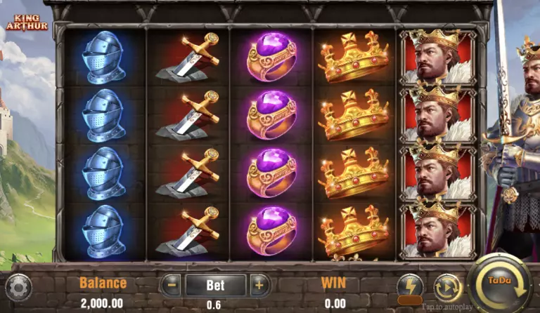 King Arthur slot machine game screen featuring medieval-themed symbols including knight helmets, swords, jeweled rings, golden crowns, and King Arthur character reels, with 5x3 layout and fantasy castle background.