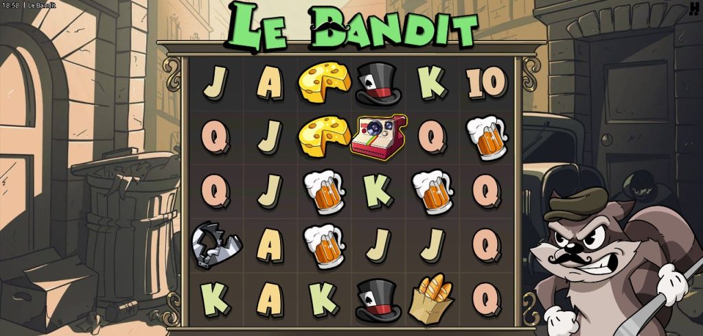Le Bandit slot game reels featuring cartoon raccoon bandit symbols, cheese, beer mugs, top hats, and playful street alley background.