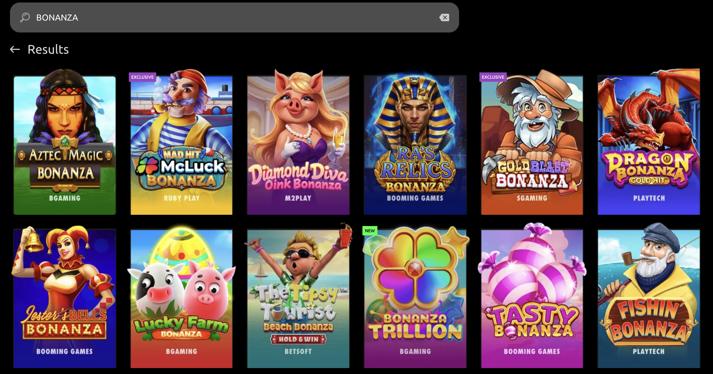 McLuck Casino Bonanza slots selection featuring Aztec Magic Bonanza, Mad Hit McLuck Bonanza, Diamond Diva Oink Bonanza, RaÃÂâÃÂÃÂÃÂÃÂs Relics Bonanza, Gold Blast Bonanza, Dragon Bonanza, JesterÃÂâÃÂÃÂÃÂÃÂs Bells Bonanza, Lucky Farm Bonanza, The Tipsy Tourist Beach Bonanza, Bonanza Trillion, Tasty Bonanza, and FishinÃÂâÃÂÃÂÃÂàBonanza game thumbnails displayed in search results.