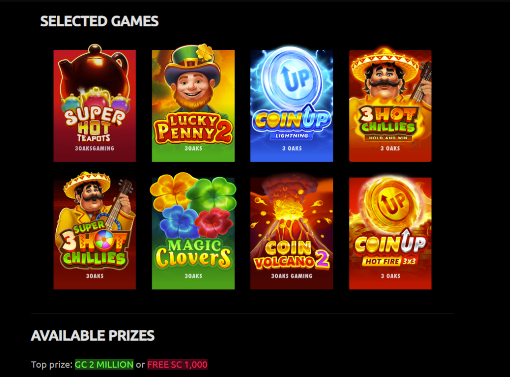 McLuck Winnerâs Weekly Games lineup featuring titles like Super Hot Teapots, Lucky Penny 2, Coin Up Lightning, 3 Hot Chillies, Magic Clovers, Coin Volcano 2, and Coin Up Hot Fire 3x3 with top prizes up to GC 2 million or Free SC 1,000.