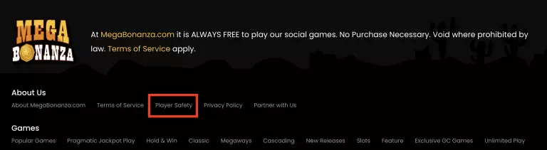 Mega Bonanza Casino website footer showing navigation links including About Us, Terms of Service, Player Safety, Privacy Policy, and Partner with Us, along with game categories like Pragmatic Jackpot Play, Megaways, Cascading, New Releases, Slots, and Unlimited Play