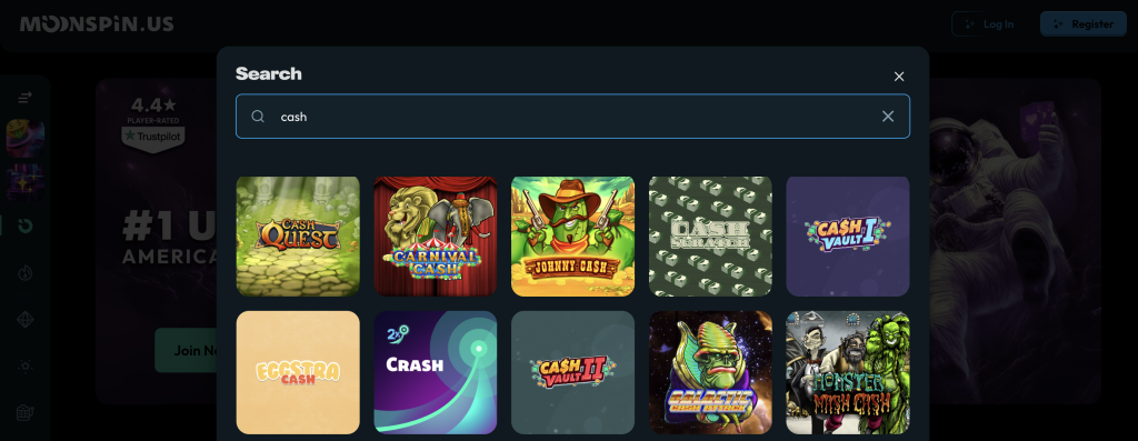 Moonspin.us casino search results for 'cash' slots featuring popular titles like Cash Quest, Carnival Cash, Johnny Cash, Cash Scratch, Cash Vault I & II, EGGstra Cash, Crash, Galactic Cash Attack, and Monster Mash Cash with colorful game icons.