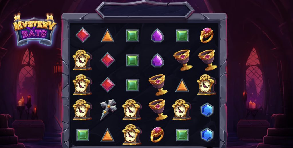 Mystery Bats slot game featuring gothic castle background, reels with jeweled gems, golden clocks, rings, goblets, and mysterious symbols, creating a dark and spooky vampire-themed online casino experience.