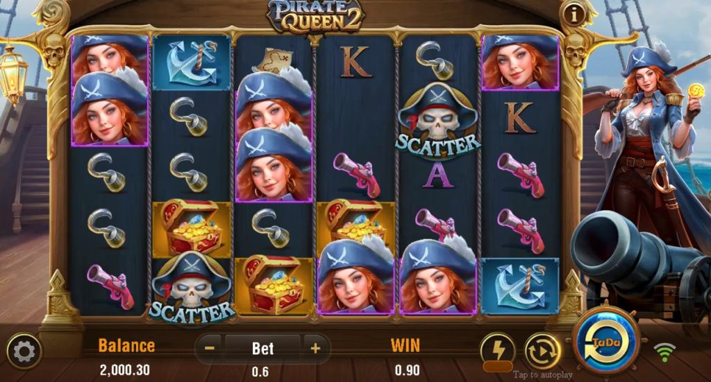 Pirate Queen 2 slot reels highlight a red-haired pirate captain, treasure chests, and nautical symbols set on a shipâs deck.