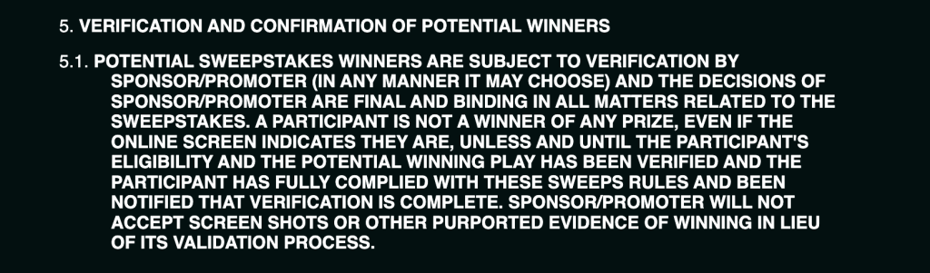 Punt.com casino verification terms highlighting sweepstakes winner confirmation rules. Text explains that potential winners must undergo verification by the sponsor or promoter, with all decisions final and binding. Players are not considered winners until eligibility and winning play are verified, and screenshots or unofficial proof are not accepted as valid evidence.