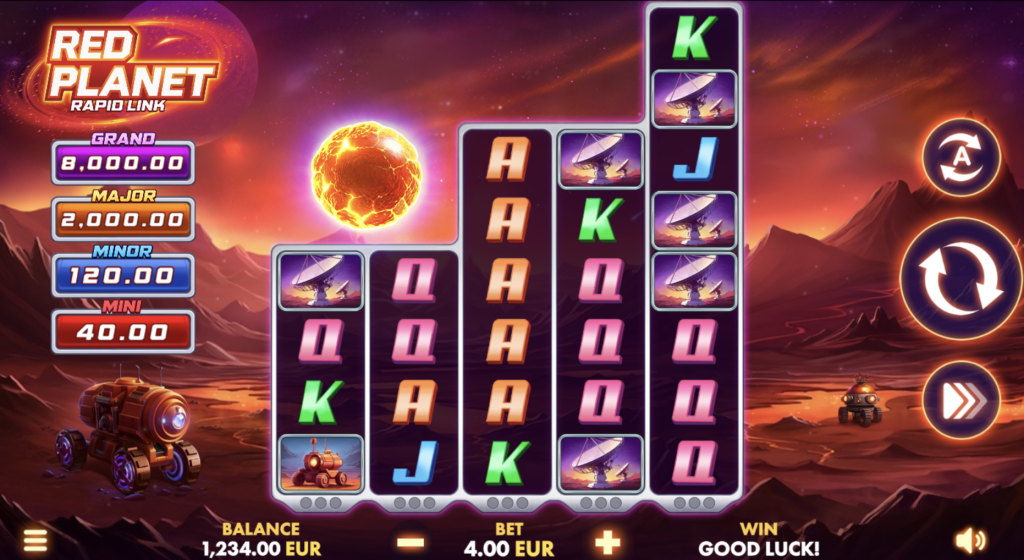 Red Planet Rapid Link slot game by Pragmatic Play featuring futuristic Martian landscape with rover, glowing sun, and reels filled with satellites, rovers, and card symbols. Jackpot tiers displayed include Grand â¬8,000, Major â¬2,000, Minor â¬120, and Mini â¬40, with a bet set at â¬4.00.