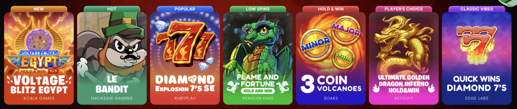 Rolla Casino online slots selection featuring Voltage Blitz Egypt, Le Bandit, Diamond Explosion 7's SE, Flame and Fortune, 3 Coin Volcanoes, Ultimate Golden Dragon Inferno Hold & Win, and Quick Wins Diamond 7's with colorful game thumbnails highlighting new, hot, and popular slot categories.