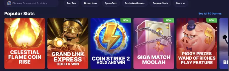 Spree Casino popular slots selection showcasing Celestial Flame Coin Rise, Grand Link Express Hold & Win, Coin Strike 2 Hold & Win, Giga Match Moolah, and Piggy Prizes Wand of Riches. Bright and colorful slot game icons displayed on a dark-themed interface, highlighting trending and new online casino games.