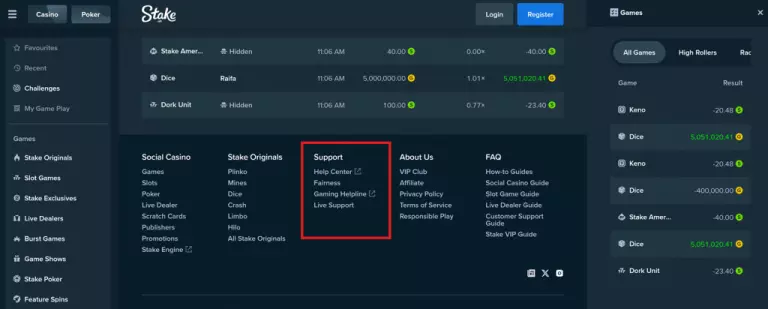 Stake.us casino support page showing Help Center, Fairness policy, Gaming Helpline, and Live Support options with navigation menu for games, promotions, and player guides.