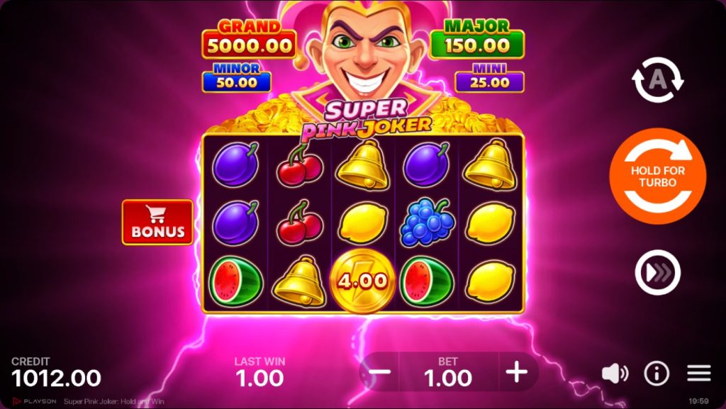 Screenshot of Super Pink Joker slot game featuring vibrant fruit symbols, gold coins, and jackpot prize values at the top