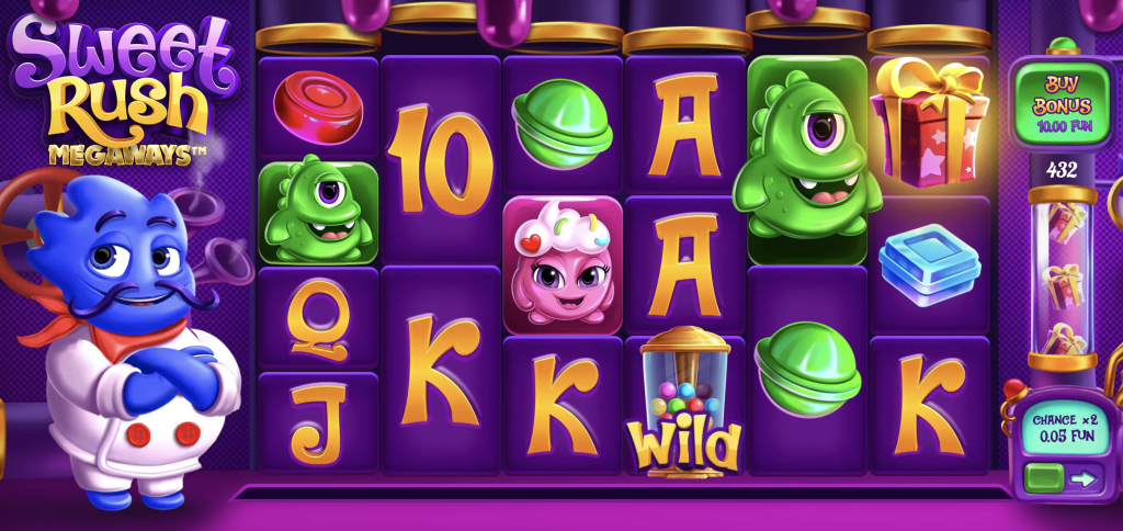 Sweet Rush Megaways slot game with colorful candy symbols, wild gumball jar, playful monster characters, and bonus gift feature on a bright purple reel background.