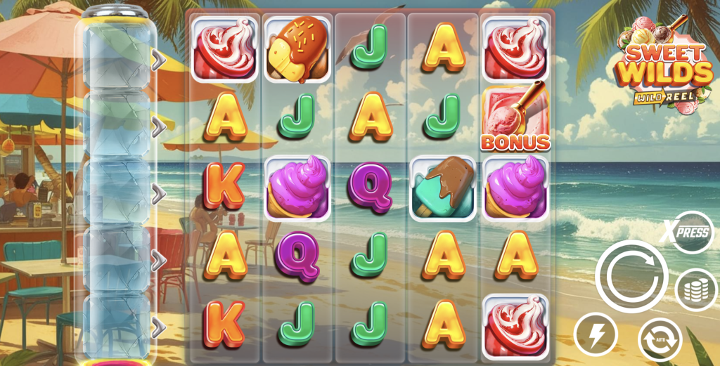 Sweet Wilds online slot game with ice cream and popsicle symbols on a tropical beach backdrop, featuring wild reel bonuses and vibrant summer graphics.