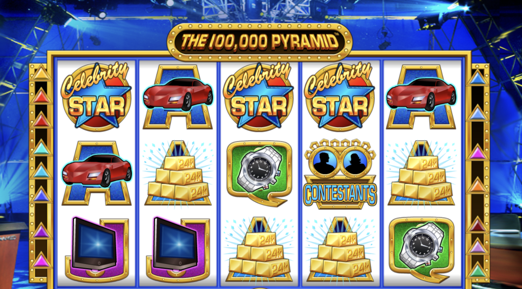 The 100,000 Pyramid online slot game featuring celebrity star symbols, luxury cars, gold bars, contestant icons, and bonus features on a bright game show-themed background.