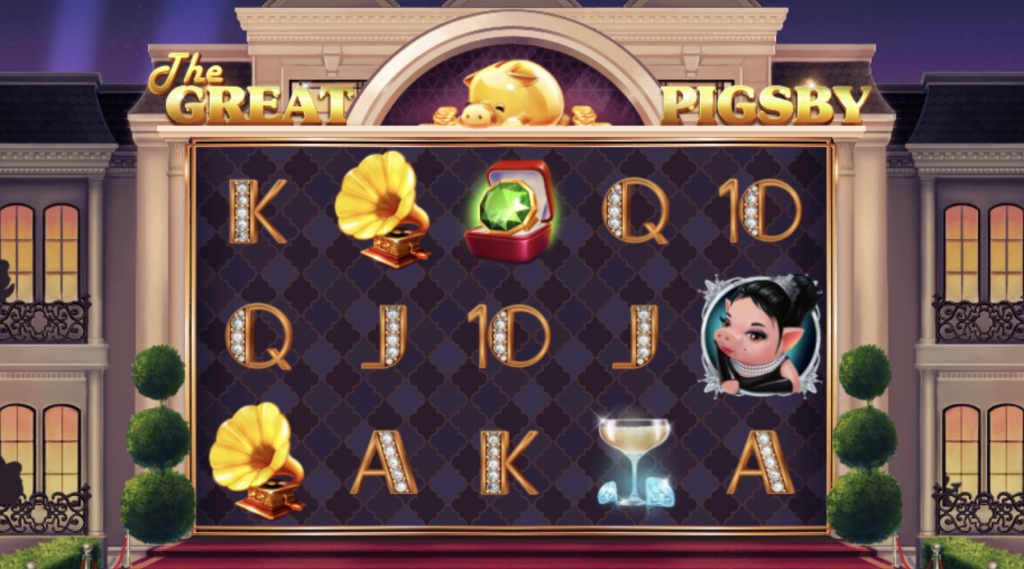 The Great Pigsby online slot game with luxurious theme featuring golden piggy bank, diamonds, champagne glasses, gramophones, and glamorous pig character on casino reels.
