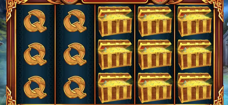 Viking Crusade slot game reels featuring golden treasure chests and wooden Q symbols, showcasing a winning combination with vibrant Norse-themed graphics and a treasure-filled design