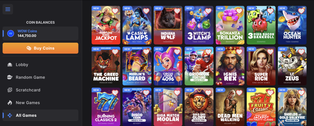 WOW Casino slots lobby showcasing popular games including Fortune King Jackpot, Cash Lamps, Indiana Wolf, Bonanza Trillion, Ocean Hunter, The Greed Machine, Merlinâs Beard, Circus Joker 4096, Gridiron Fortune, Ignis Rex, Super Rich, Le Zeus, Burning Classics 2, Disco Farm Hold & Win, Giga Match Moolah, Gold and Glory, Dead Men Walking, Fruity Classic Jackpot, and Shields of Gold Valkyrie.