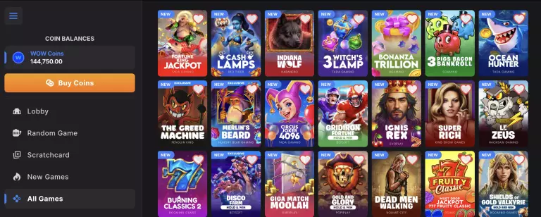 WOW Casino slots lobby showcasing popular games including Fortune King Jackpot, Cash Lamps, Indiana Wolf, Bonanza Trillion, Ocean Hunter, The Greed Machine, MerlinâÂÂs Beard, Circus Joker 4096, Gridiron Fortune, Ignis Rex, Super Rich, Le Zeus, Burning Classics 2, Disco Farm Hold & Win, Giga Match Moolah, Gold and Glory, Dead Men Walking, Fruity Classic Jackpot, and Shields of Gold Valkyrie.