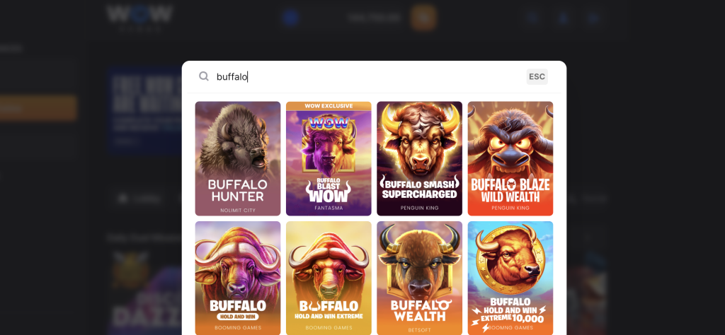Screenshot of WOW Vegas Casino search results for 'buffalo' slots, showing popular games including Buffalo Hunter, Buffalo Blast WOW, Buffalo Smash Supercharged, Buffalo Blaze Wild Wealth, Buffalo Hold and Win, Buffalo Hold and Win Extreme, Buffalo Wealth, and Buffalo Hold and Win Extreme 10,000.