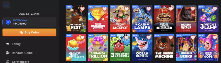 Screenshot of WOW Vegas online casino lobby featuring new slot games like Oktobear Fest, Turbo Diamonds Hold and Win, Fortune King Jackpot, Cash Lamps, Crown Supreme, Indiana Wolf, 3 WitchâÂÂs Lamp, Super Hot Teapots, Bonanza Trillion, 3 Pigs Bacon Bankroll, Ocean Hunter, The Greed Machine, MerlinâÂÂs Beard, and Circus Joker 4096, with coin balance display and buy coins option.