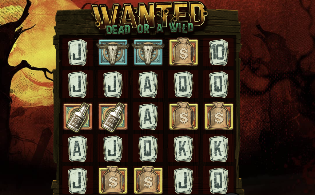Wanted Dead or a Wild slot game by Hacksaw Gaming featuring Western-themed symbols like whiskey bottles, money bags, cow skulls, and playing cards on a dark desert background.