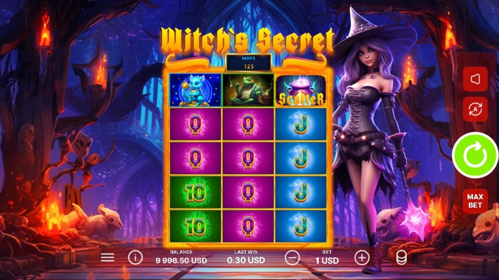 Fantasy-themed slot game with a purple-haired witch, glowing forest backdrop, and magical symbols like potions and enchanted animals