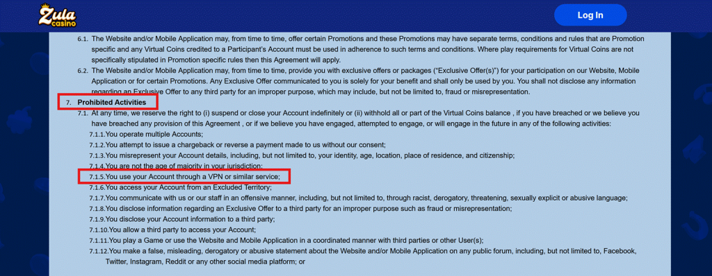 Zula Casino terms highlighting prohibited activities, including using an account through a VPN or similar service