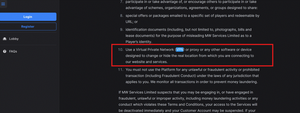 Screenshot from Wow Vegas terms highlighting rule 10 that prohibits the use of VPNs, proxies, or software to hide a playerâs real location when accessing the platform.