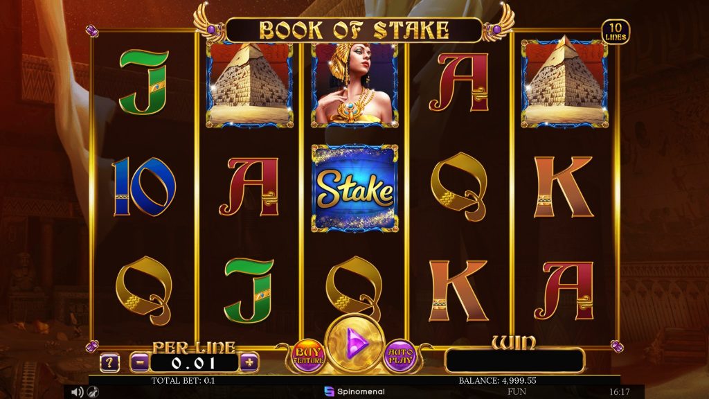The Book of Stake slot showcases an ancient Egyptian theme with pyramids, hieroglyphic-style letters, and a golden pharaoh figure on the reels.
