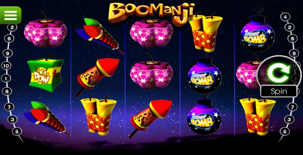Colorful fireworks and explosive symbols fill the reels in the Boomanji slot game.