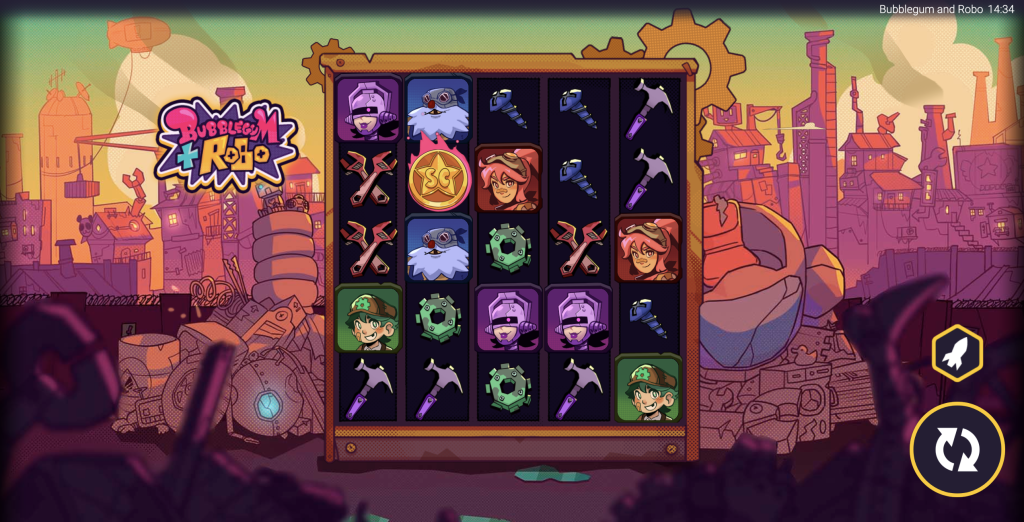 Bubblegum and Robo online slot game with a steampunk-style city background, featuring cartoon robot and inventor symbols, gears, tools, and coins on a colorful five-reel layout â a fun, animated slot adventure with a mechanical twist.