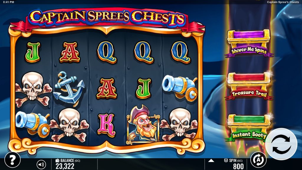 Gameplay from Captain Spreeâs Chests slot featuring pirate-themed symbols like skulls, cannons, and anchors with bonus options such as Shiver Me Spins and Treasure Trail.