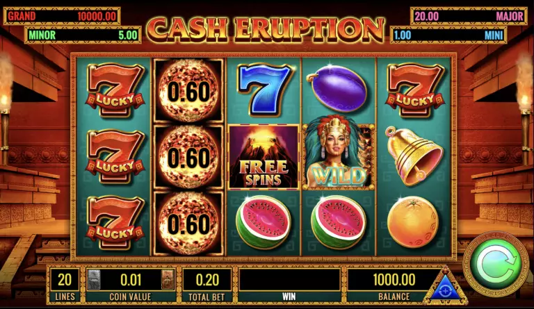 Cash Eruption online slot machine featuring fiery volcano-themed reels with lucky sevens, wild symbols, fruit icons, and free spins bonus â vibrant casino game offering explosive wins and jackpot prizes.