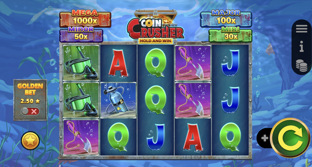 Underwater-themed slot game screen titled âCoin Crusher: Hold and Win,â featuring colorful diving equipment symbols like goggles, oxygen tanks, and anchors alongside card letters A, K, Q, and J. The game displays Mega, Major, Minor, and Mini jackpot multipliers up to 1000x, with a Golden Bet feature and a large spin button, set against a vibrant ocean backdrop filled with bubbles and coral.