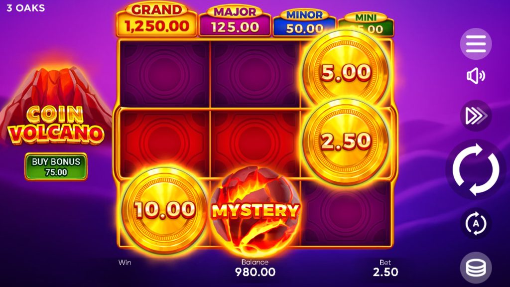 Coin Volcano slot features blazing golden coins and a fiery bonus round building toward jackpot rewards from the erupting volcano theme.