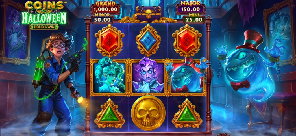 Gameplay from Coins of Halloween Hold & Win slot with ghostly characters, glowing gems, and a haunted mansion backdrop.
