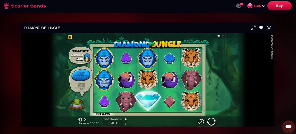 The Diamond of Jungle slot displays colorful animal symbols like gorillas, tigers, and elephants with a glowing diamond icon in a lush green jungle setting.