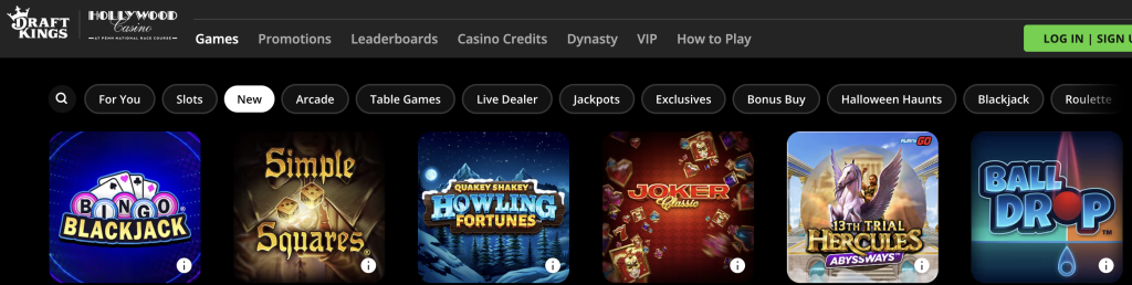 DraftKings Casino New Games section showcasing Bingo Blackjack, Simple Squares, Quakey Shakey Howling Fortunes, Joker Classic, 13th Trial Hercules Abyssways, and Ball Drop slot titles.
