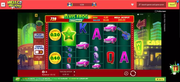 HelloMillions Casino game screen featuring the Elvis Frog Trueways slot machine. The game interface shows vibrant neon graphics with symbols like guitars, pink cars, microphones, and Elvis-themed stars, along with bonus feature buttons, jackpot tiers, and casino background lights ÃÂâÃÂÃÂÃÂàhighlighting the fun social casino experience at HelloMillions.com.